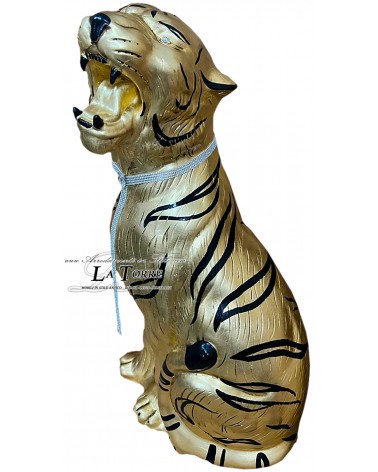 Keramische Tierstatue, Tiger, offenes Maul, Blattgold, schwarze Streifen, Swarovski-Kristalle, 90 cm, PR03