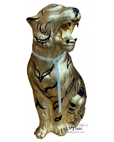 Keramische Tierstatue, Tiger, offenes Maul, Blattgold, schwarze Streifen, Swarovski-Kristalle, 90 cm, PR03
