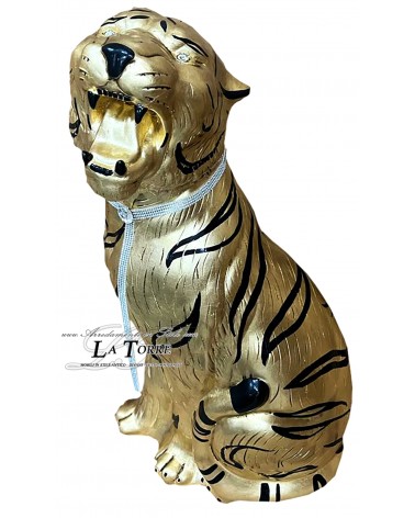 Keramische Tierstatue, Tiger, offenes Maul, Blattgold, schwarze Streifen, Swarovski-Kristalle, 90 cm, PR03