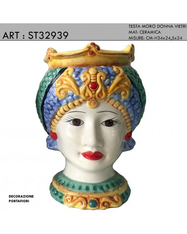 Skulptur eines Maurenkopfes, Vietri-Frau, Blumenhalter, 34 cm hoch, Keramik-Hochzeitsgeschenk ST32939