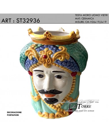 Statua scultura testa di Moro uomo Vietri portafiori 26h cm bomboniera in ceramica ST32936