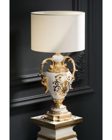 Klassische Tischleuchte h80, goldener Keramiklampenschirm, Ornament Vi05