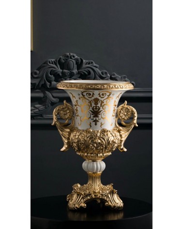 Amphorenbecher, Keramik-Mittelstück, 60 cm hoch, elfenbeinfarbene Vase, Kraterform, großes Goldornament Vi15