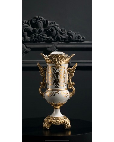 Vaso coppa in ceramica portafiori anfora stile barocco 52 h avorio e oro Vi25