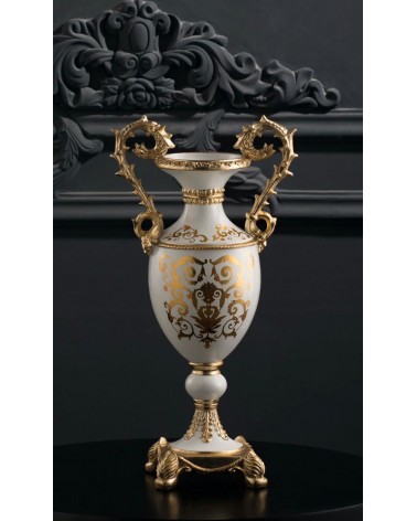 Keramikvase im Barockstil, Amphoren-Blumenhalter, 60 cm hoch, elfenbeinfarben und goldfarben Vi30