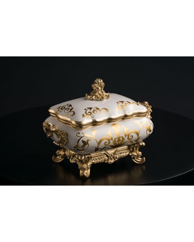 Scrigno confettiera cofanetto ceramica centrotavola stile barocco avorio oro soprammobile Vi38