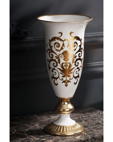 Amphore, Keramikbecher, Tischdekoration, Barock, 52 cm hoch, elfenbeinfarbene Vase, Blattgoldverzierung Vi39