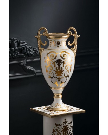 Amphore, Keramikbecher, Tischdekoration, Barock, 70 cm hoch, elfenbeinfarbene Vase, Blattgoldverzierung Vi40