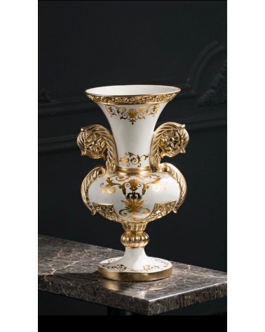 Amphore, Keramikbecher, Tischdekoration, Barock, 62 cm hoch, elfenbeinfarbene Vase, Blattgoldverzierung Vi41