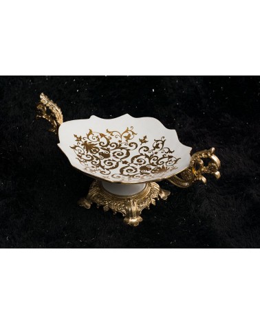 Centrotavola Jatte coppa con manici ceramica avorio oro soprammobile Vi42