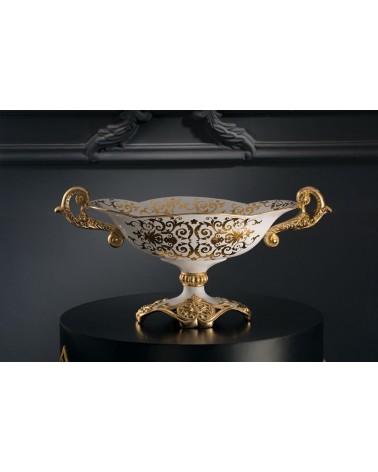 Centrotavola Jatte coppa con manici ceramica avorio oro soprammobile Vi43