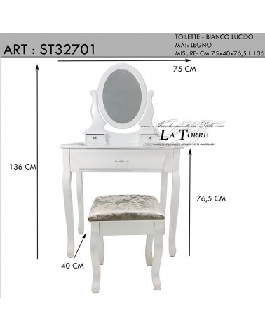 Schminktisch mit Pouf, moderner Ballerina-Stil, glänzend weißer Lilienstoff, ST32701