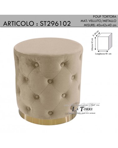 Runder, gesteppter Pouf-Sessel in taubengrauem Samt mit goldfarbenem Metallfuß ST296102