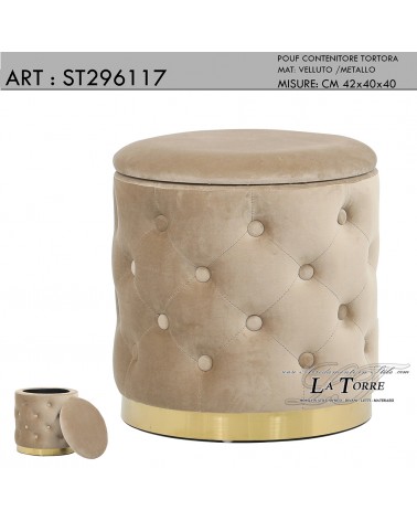 Pouf  contenitore in capitonnè tondo sedia in velluto tortora con base in metallo in oro ST296117