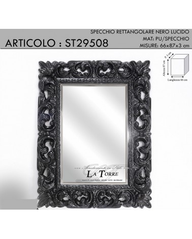 Rectangular mirror baroque style perforated glossy black bevelled wall mirror St29508