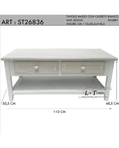 Tavolo basso da caffè salotto rettangolare stile shabby classico legno bianco shabby chic ST26836