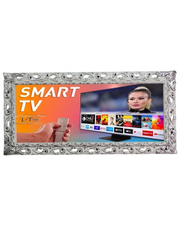 Barocker, perforierter Smart-TV-Rahmen, Wandhalterung aus Kiefernholz, weiß und silber, TVGGBA