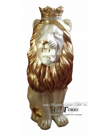 Keramische Tierstatue, Löwenskulptur, Krone, offenes Maul, Perlmutt, Elfenbein, Blattgold, Swarovski-Kristalle, Höhe 70 cm, PR06