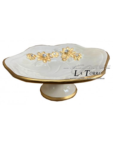 Centrotavola portafrutta in ceramica linea girasole bianco e oro PR47