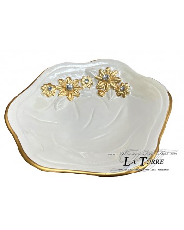 Centrotavola portafrutta in ceramica linea girasole bianco e oro PR47