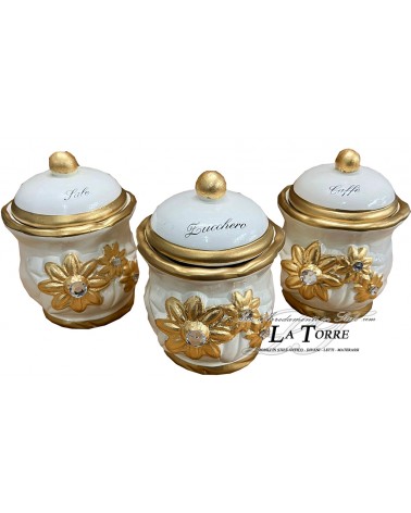 Tris set 3 pezzi barattoli in ceramica linea girasole bianco e oro sale zucchero caffè PR43