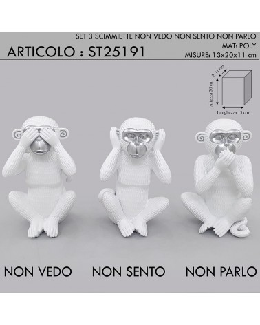 Statua scultura soprammobile tre scimmie scimmiette Non vedo Non sento Non parlo bianco e argento H20cm ST25191