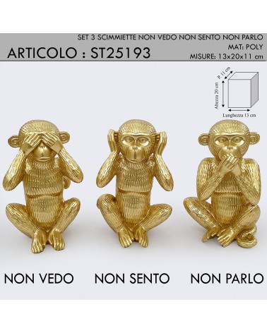 Statue, Skulptur, Ornament, drei Affen, Affen, Ich sehe nicht, Ich höre nicht, Ich spreche nicht, Gold, H 20 cm, ST25193