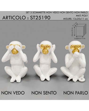 Statua scultura soprammobile tre scimmie scimmiette Non vedo Non sento Non parlo bianco e oro H20cm ST25190