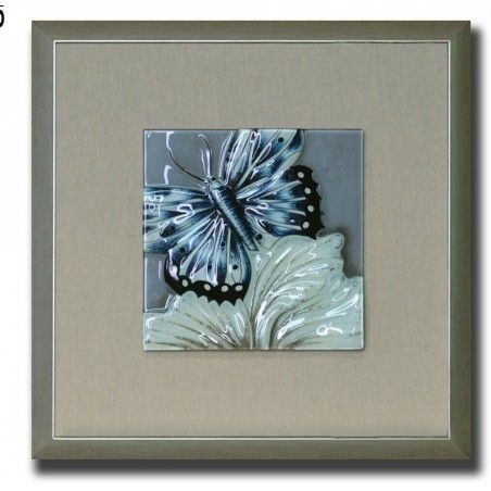 Quadro dipinto in rilievo fiore e farfalla moderno argento e beige con cornice inclusa ST24028
