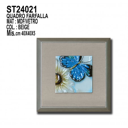Dipinto moderno in rilievo con fiori e farfalle in blu e beige con cornice inclusa ST24021