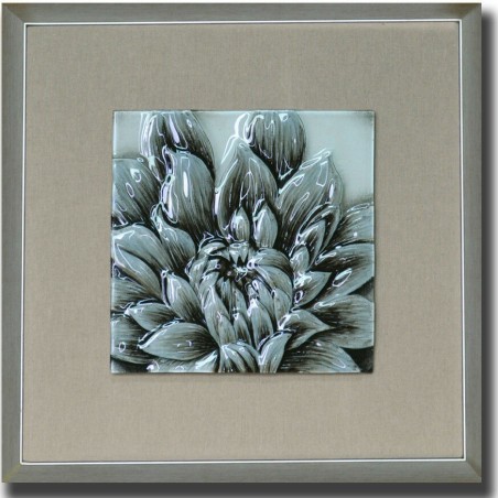 Modernes Reliefgemälde mit Pfingstrosenblüten in Silber und Beige, inklusive Rahmen ST24032