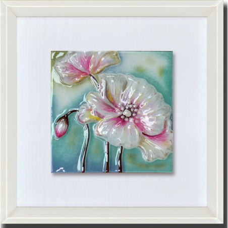 Modern white poppy flowers relief painting with frame included ST24014