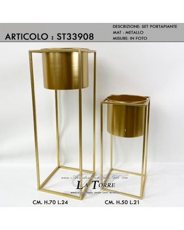 Set of two modern square living room plant holders in gold-coloured metal ST33908