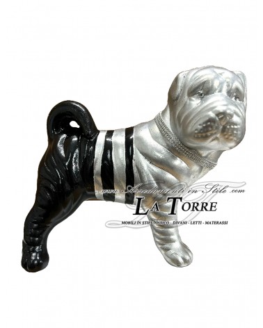 Keramik-Tierstatue Shar Pei Hund, silberfarbenes Blattgold, schwarze Streifen, Swarovski-Kristalle, Höhe 30 cm, PR27