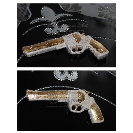 Revolver drum pistol weapon in gold cracklè ceramic with Swarovski PR33
