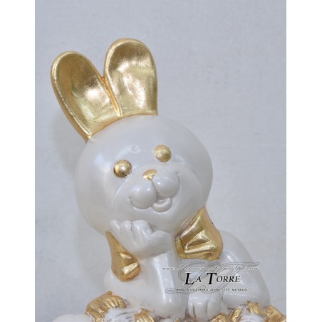 Statua scultura cucciolo coniglietto bianco perlato oro swarovski animali ceramica PR34