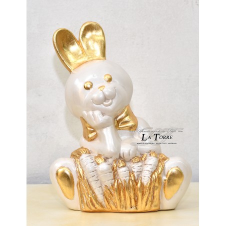 Statua scultura cucciolo coniglietto bianco perlato oro swarovski animali ceramica PR34