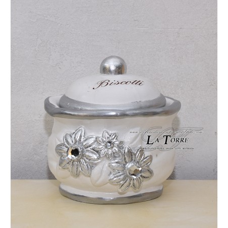 Barattolo contenitore biscottiera in ceramica linea girasole bianco e argento PR44
