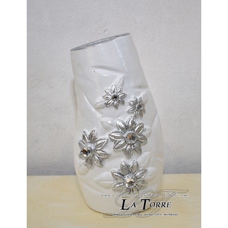 Decorated amphora vase in ceramic sunflower line white and silver PR46