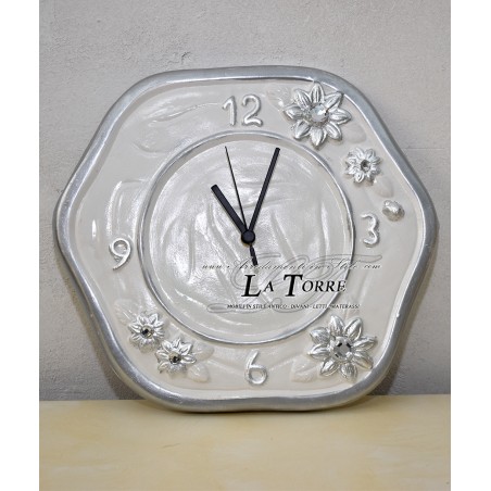 Orologio da parete decorato in ceramica linea girasole bianco e argento PR48