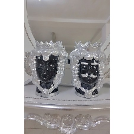 Schwarze und silberne maurische Kopfskulptur mit Swarovski-Kristallen, 35 cm hoch, Caltagirone PR53 Keramik-Gastgeschenke