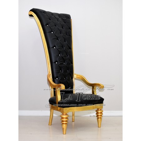 Poltrona trono Luigi XV barocco sedia h192 oro ecopelle nera AL917