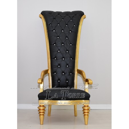 Barocker Thronsessel im Stil Louis XV, Höhe 192 cm, Gold, schwarzes Öko-Leder AL917