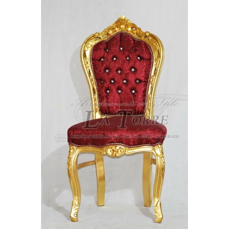 Antiker Louis-XV-Sessel, goldfarbenes Holz, bordeauxroter Stoff, Swarovski-Kristalle AL1826