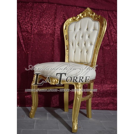 Poltrona Sedia Still Luigi XV Legno oro ecopelle avorio Swarovski AL1826