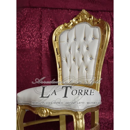 Poltrona Sedia Still Luigi XV Legno oro ecopelle avorio Swarovski AL1826
