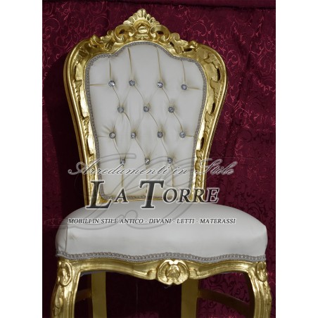Poltrona Sedia Still Luigi XV Legno oro ecopelle avorio Swarovski AL1826