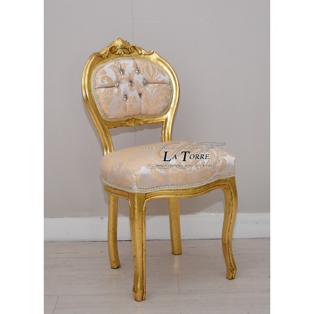 Louis-XV-Musikstuhl, Massivholz, Blattgold, champagnerfarbener Damaststoff K90