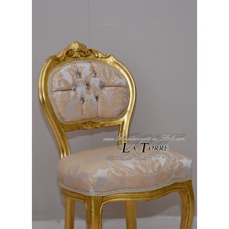 Louis-XV-Musikstuhl, Massivholz, Blattgold, champagnerfarbener Damaststoff K90