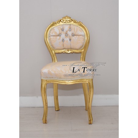 Louis-XV-Musikstuhl, Massivholz, Blattgold, champagnerfarbener Damaststoff K90